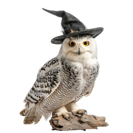 A snowy owl, wearing a black witch's hat, is perched on a branch, with its sharp talons gripping the wood.の素材