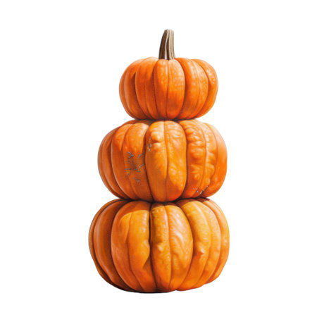 A photograph of three orange pumpkins stacked in a tower against a black background.の素材