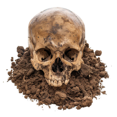 A human skull partially protruding from loose brown soil.の素材