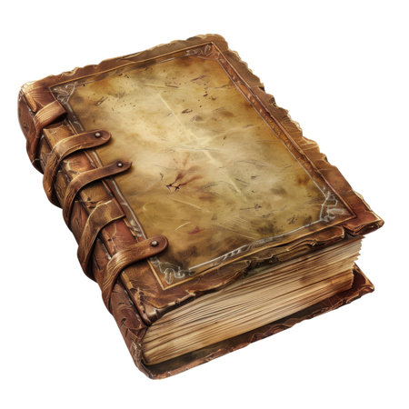 A detailed illustration of an old, worn, leather-bound book with aged pages and a vintage aesthetic.の素材
