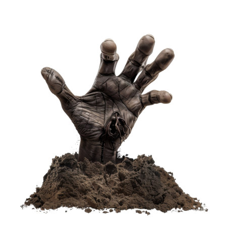 A decaying hand reaches out from a pile of dirt, its fingers gnarled and twisted, dripping with blood.の素材