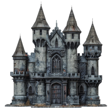 The image depicts a weathered stone castle with multiple towers and a large, arched doorway.  The castle appears old and perhaps even abandoned, with a slightly haunting atmosphere.の素材