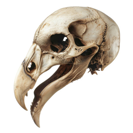 The image depicts a close-up view of a bird skull, showcasing the intricate details of its bone structure, beak, and eye sockets.の素材