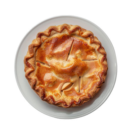 A Single, Golden-Brown Apple Pie on a White Plateの素材