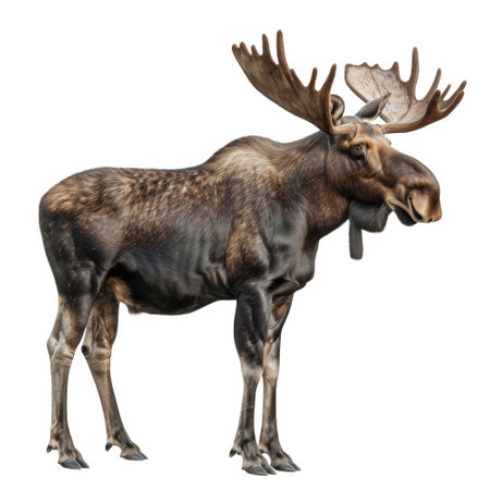 A Large Brown Moose with Antlers Standing on a Black Backgroundの素材