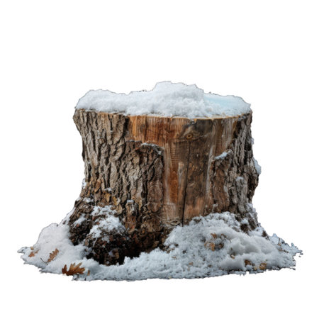 Snow-Covered Tree Stump with Fallen Leavesの素材
