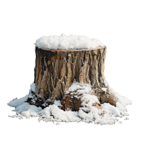 A snow-covered tree stump isolated against a Transparent backgroundの素材