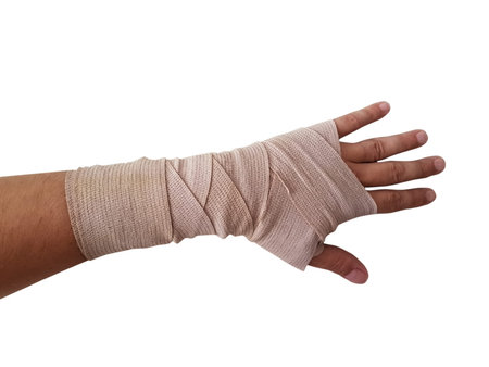 hand bandage right hand male isolated white backgroundの写真素材