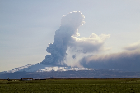 The Eyjafjallajokull glacier and volcano in southern Iceland. The volcano erupted in March 2010. The ash cloud from the eruption has caused cancellation of flights all over the world and for some time closed the entire European airspace.の写真素材