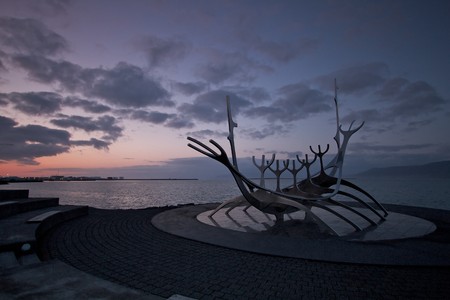 Viking ship monument on the north end of Reykjavik city, Iceland, facing the fjord の写真素材
