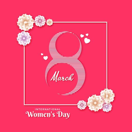 Vector Illustration of 8 March - Women's Day greeting card with decorative floral frame, hearts and number 8 in paper cut & craft style on pink backgroundのイラスト素材