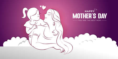 Happy mother's Day! Banner design with line art drawing of cheerful Mom and Girl Child looking at each other. Vector illustration.のイラスト素材