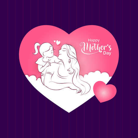 Happy mother's Day! Heart shape paper cut style Card Design with line art drawing of cheerful Mom and Girl Child looking at each other. Vector illustration.のイラスト素材