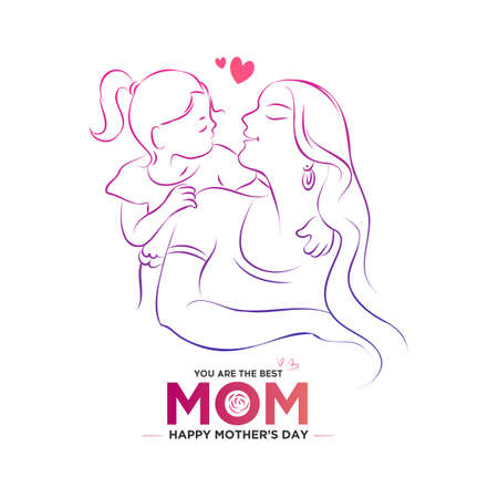 Happy mother's day card design with line art drawing of cheerful Mom and Girl Child looking at each other. Family holiday and togetherness. Vector illustration.のイラスト素材