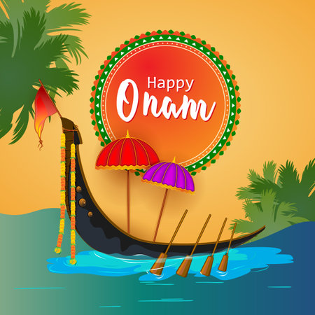 Illustration of Snake Boat race (Vallam Kali) during Onam celebration. Traditional festival of South India Kerala.のイラスト素材