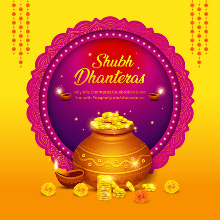 Illustration pot full of gold coins, oil lamps and decorative elements for celebration of Indian religious festival Happy Dhanteras, Diwali.のイラスト素材