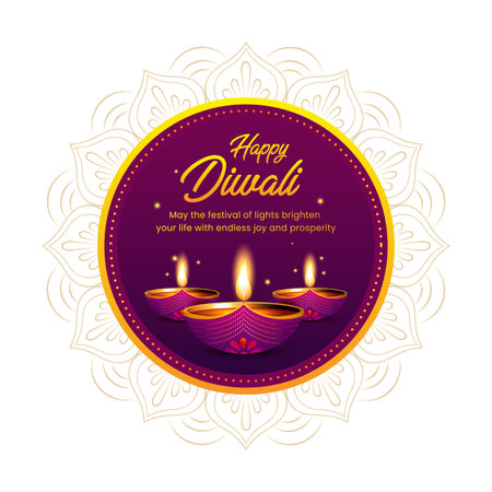 Indian festival Happy Diwali background with illuminated oil lamps (diyas) and mandala decoration.のイラスト素材