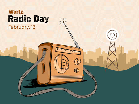 13th February - World Radio Day World Radio Day concept, hand drawn flat line art Vector Illustration.のイラスト素材