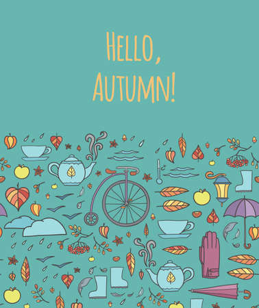 Vector design of postcard, banner, flyer "Hello, autumn!". Seamless doodle ornament. Hand-drawing colorful illustration.のイラスト素材