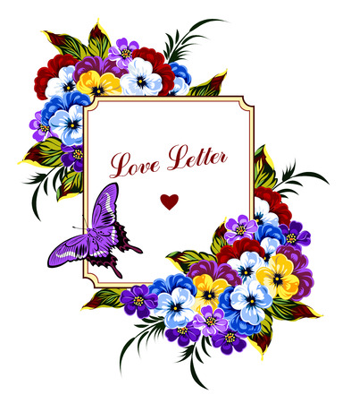 Vintage greeting card with pansies and a butterflyのイラスト素材