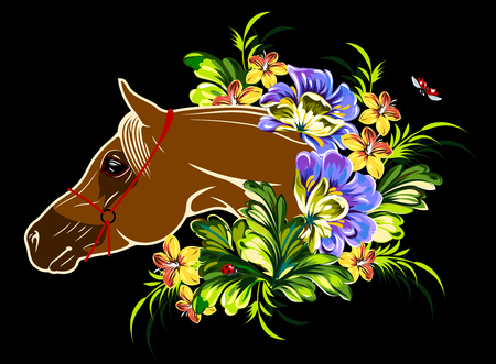 Portrait of a horse in a thicket of wild flowersのイラスト素材