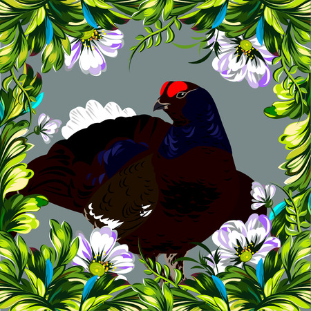 Floral summer frame with tender wildflowers and forest grouseのイラスト素材