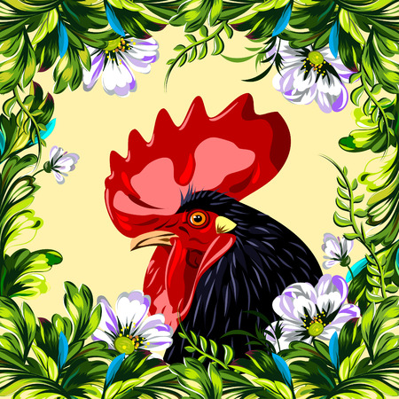cock in a thicket of flowers vector illustrationのイラスト素材