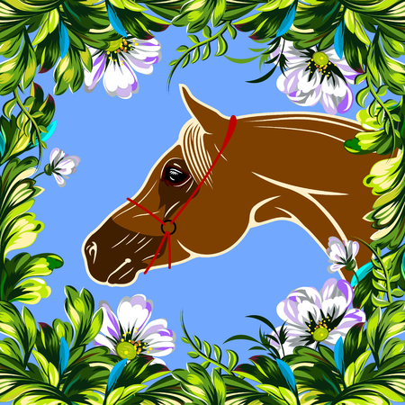Floral summer frame with tender wildflowers and Arabian stallionのイラスト素材