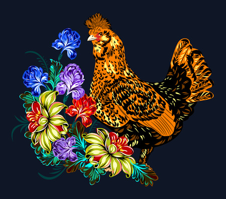cock in a thicket of flowersのイラスト素材