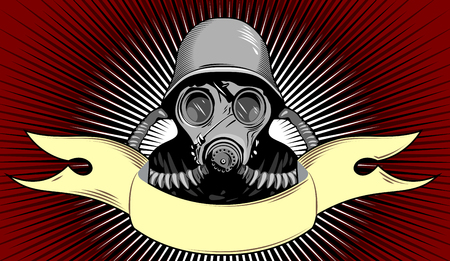 A soldier in a gas mask and protective helmet and bannerのイラスト素材