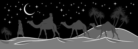 Caravan of camels and people traveling in the wildernessのイラスト素材