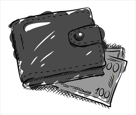 Leather wallet with notes, freehand drawing, doodle styleのイラスト素材