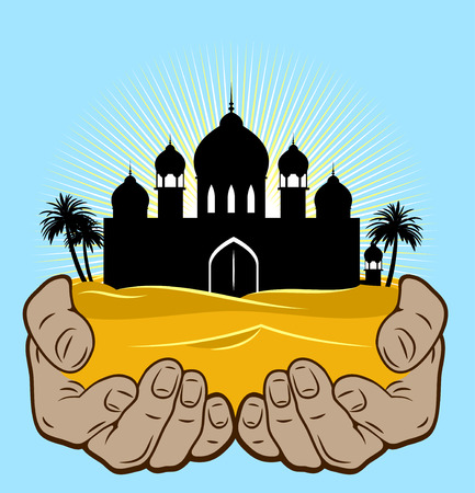 Desert and the magnificent palace in human handsのイラスト素材