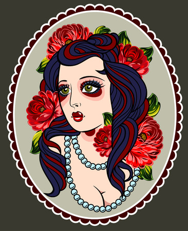Image of a sexy girl in a traditional style of Old school tattoo pin up, with beautiful flowers in her hairのイラスト素材