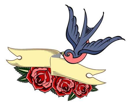 Swallows Carrying A Roses And Banner Old School Tattoo Style