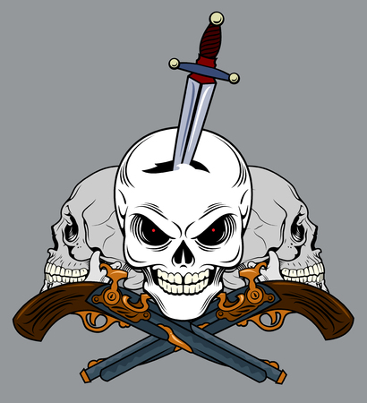 Skull with a dagger in his head. Old school tattoo styleのイラスト素材