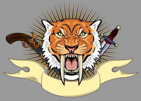 Portrait of a grin, the saber-toothed tiger on the background of a banner, and a revolver with a daggerのイラスト素材