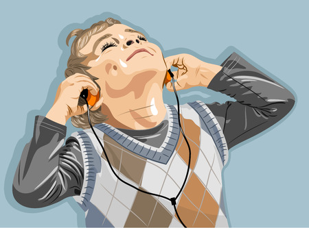Child listens to music on headphones, closed his eyes in pleasure. Vintageのイラスト素材