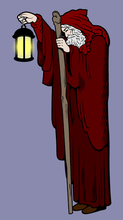 Image of an old man, a hermit with a glowing lamp and a stick,のイラスト素材