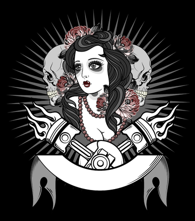 Portrait of a beautiful girl on the background of a banner, skulls and pistonsのイラスト素材