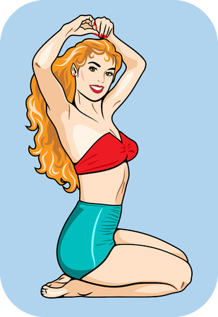 Beautiful girl in a swimsuit, with long, curvy hair, retro, pin-up style Vector illustration.のイラスト素材