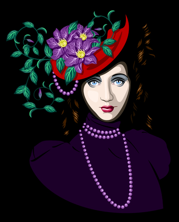 mysterious lady in hat with flowersのイラスト素材