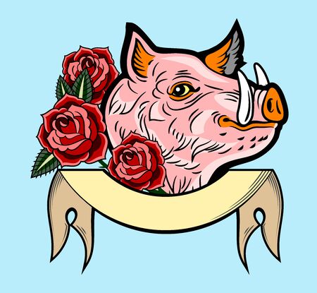 Cute, good-natured pink hog style old school tattoo, with red roses and a bannerのイラスト素材