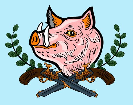 Cute, good-natured pink wild boar old-school style tattooのイラスト素材