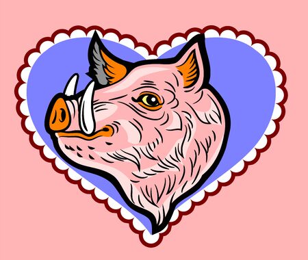 Cute, good-natured pink wild boar in a frame in the shape of a heartのイラスト素材
