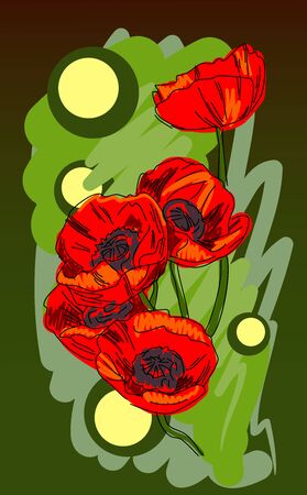 Blooming poppies on a green background, sketch, vectorのイラスト素材