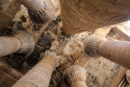 Magnificent columns steming the ceiling of the Horus temple, Edfuの写真素材