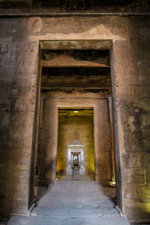 View into the sanctuary of the ancient Egyptian Horus temple, Edfuの写真素材