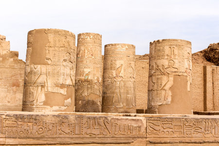 Ancient reliefs at columns' remains of Kom Oombo temple, Egyptの写真素材
