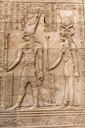 Ancient relief of pharaoh at a column of Kom Oombo temple, Egyptの写真素材